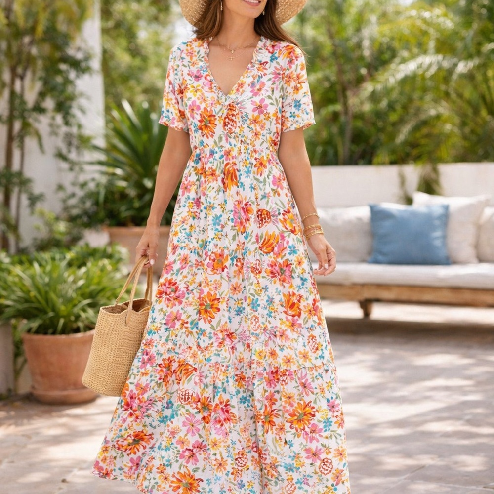 Crown & Ivy Floral Tiered Maxi Dress XL Bright Boho Summer Beach Casual